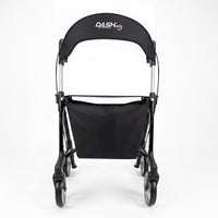 Dash Rehab Dash Swish Carbon Rollator with ergonomic handles, storage basket, and logo on the canopy, front view.