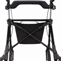 Dash Rehab Dash Swish Carbon Rollator with four wheels, ergonomic handles and storage pouch, close-up view.