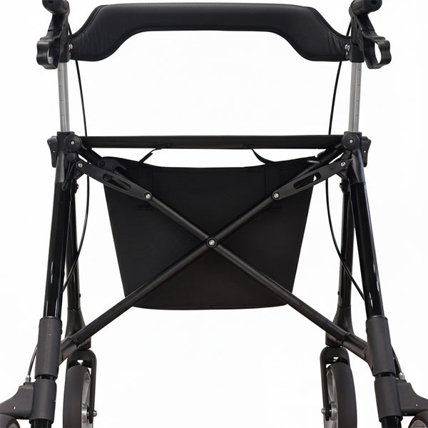 Dash Rehab Dash Swish Carbon Rollator with four wheels, ergonomic handles and storage pouch, close-up view.