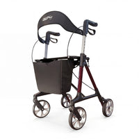 Dash Rehab Dash Swish Carbon Rollator with ergonomic handles, black seat, storage bag, folding frame, side view.