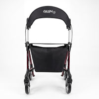 Dash Rehab Dash Swish Carbon Rollator with 4 wheels, ergonomic handles, black seat, storage pouch and branded backrest, side view.