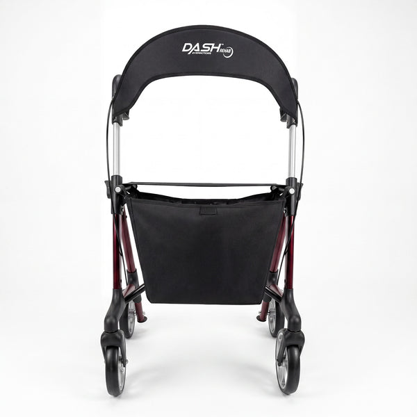 Dash Rehab Dash Swish Carbon Rollator with 4 wheels, ergonomic handles, black seat, storage pouch and branded backrest, side view.