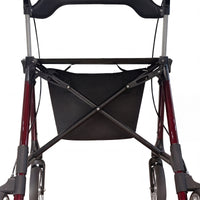 Dash Rehab Dash Swish Carbon Rollator with lightweight frame, black support bars, wheels and storage pouch, close-up.