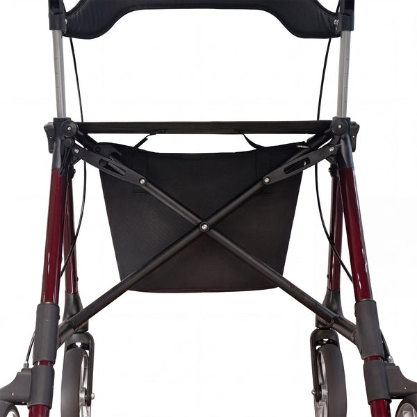 Dash Rehab Dash Swish Carbon Rollator with lightweight frame, black support bars, wheels and storage pouch, close-up.