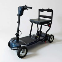 Dash Rehab Dash Z1 compact lightweight mobility scooter with padded seat and handlebars, side view.