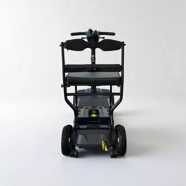 Dash Rehab Dash Z1 folding scooter with black frame and two large wheels, on white background, front view.