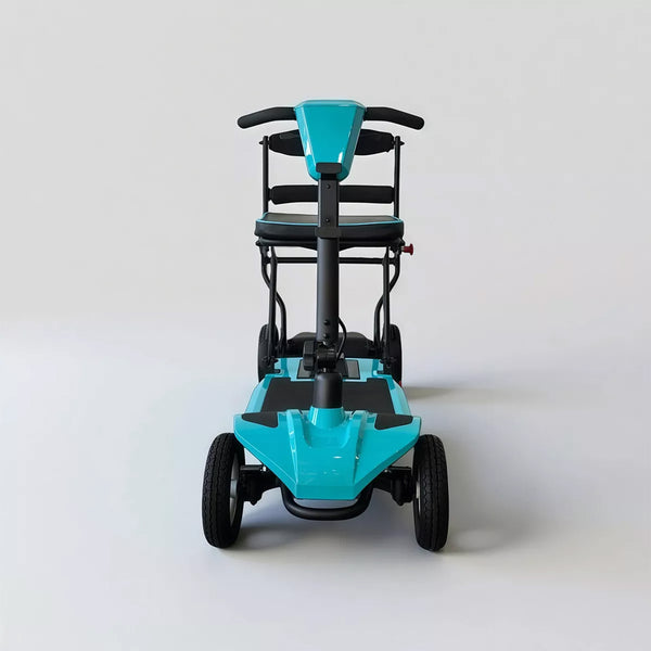 Dash Rehab Dash Z1 Scooter, lightweight folding mobility scooter with black handles and seat, front view.