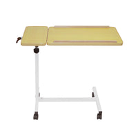 Aidapt Deluxe Multi Purpose Overbed Table, height adjustable with dual surfaces, metal base and wheels, front angle view.
