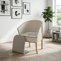 Derby Basketweave Commode with seat cushion lifted to reveal toilet pan, front view.