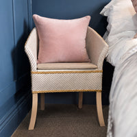 Gordon Ellis Derby Basketweave Commode, a wood-framed armchair with a square seat and woven fabric upholstery, front view.