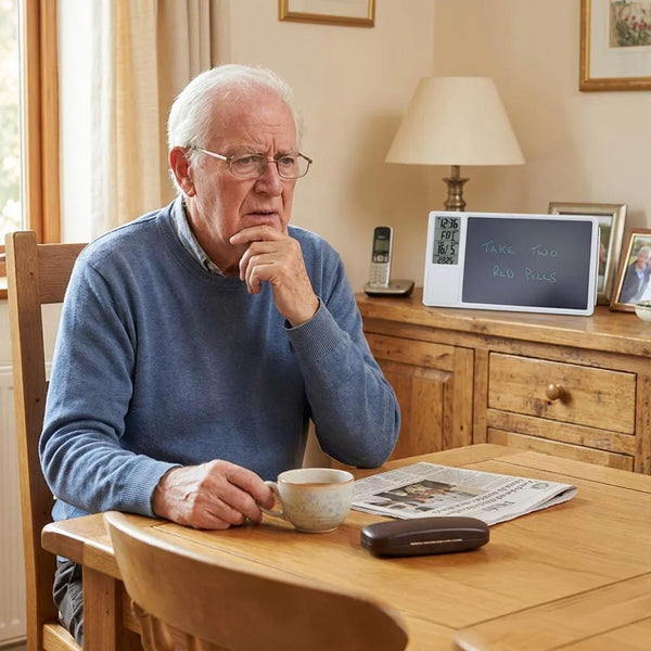Elderly man drinking tea with Lifemax Digital Memo Board and Day Date Clock displaying reminder, in use view.
