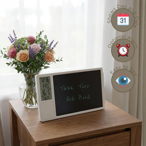 Lifemax Digital Memo Board and Day Date Clock displaying medication reminders on a bedside table with flower vase, front view.