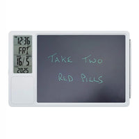 Lifemax Digital Memo Board and Day Date Clock displaying Take two red pills message with time and calendar, front view.