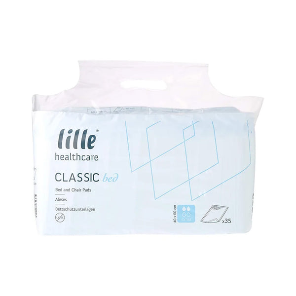 Pack of 35 Homecraft disposable bed protectors 60x60cm with waterproof backing, front view.