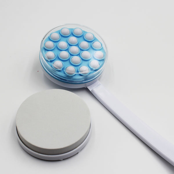 Homecraft Dual Function Lotion and Cream Applicator with round head, pumice stone and lotion feature, product laid flat, top view.