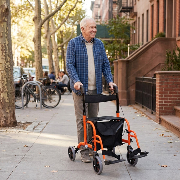 Older man using Aidapt Duo Deluxe Rollator on a sunny city pavement with trees and buildings in the background, in use view.