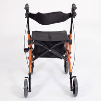 Aidapt Duo Deluxe Rollator with four wheels, ergonomic handles, seat and storage pouch, front view.