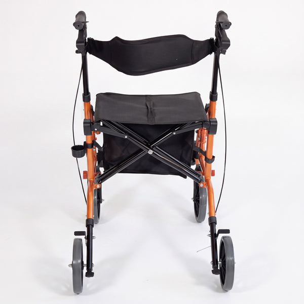 Aidapt Duo Deluxe Rollator with four wheels, ergonomic handles, seat and storage pouch, front view.