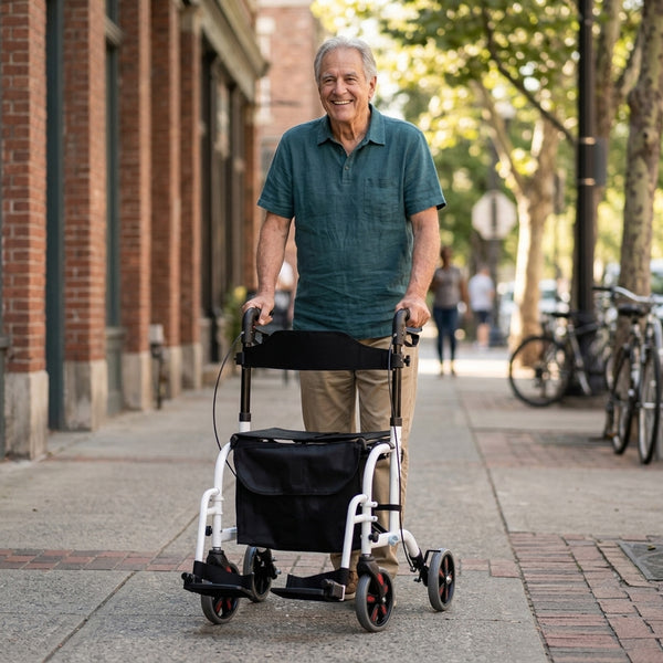 Older man using Aidapt Duo Deluxe Rollator on sunny, tree-lined pavement with bikes and brick buildings, in use view.