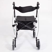 Aidapt Duo Deluxe Rollator folding walker with black seat, backrest and ergonomic handles, front view.