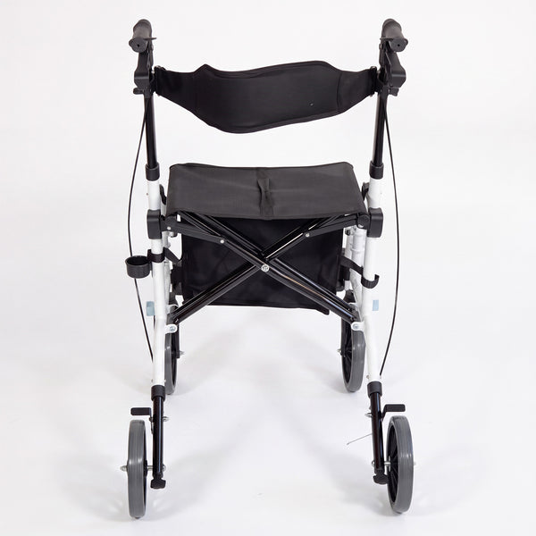 Aidapt Duo Deluxe Rollator folding walker with black seat, backrest and ergonomic handles, front view.