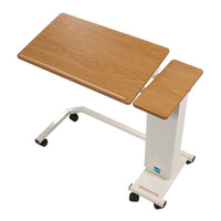 Sidhil Easi-Riser overbed table with tilt top, side platform, wheelchair base, height adjustable frame, front view.