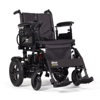Drive Easy-Fold Powerchair folding electric wheelchair with padded armrests, footrests, and joystick control, side view.