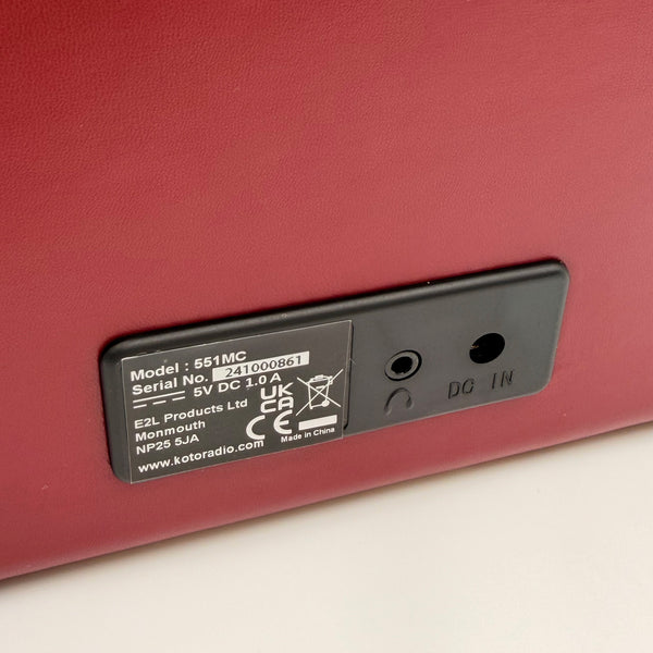 OER Easy Radio product label with model and serial number, rear view.