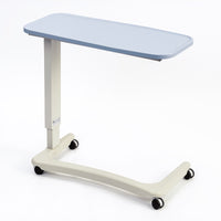 NRS Easylift Overbed Table with wheelchair base, height adjustable, four wheels and white base, side view.