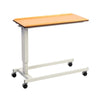NRS Easylift Overbed Table with adjustable height, large wheels for mobility, and sturdy frame, side view.