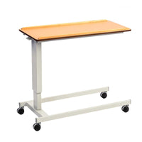 NRS Easylift Overbed Table with adjustable height, large wheels for mobility, and sturdy frame, side view.