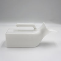 Homecraft Economy Female Urinal with handle, lying on its side on a plain light grey background, side view.