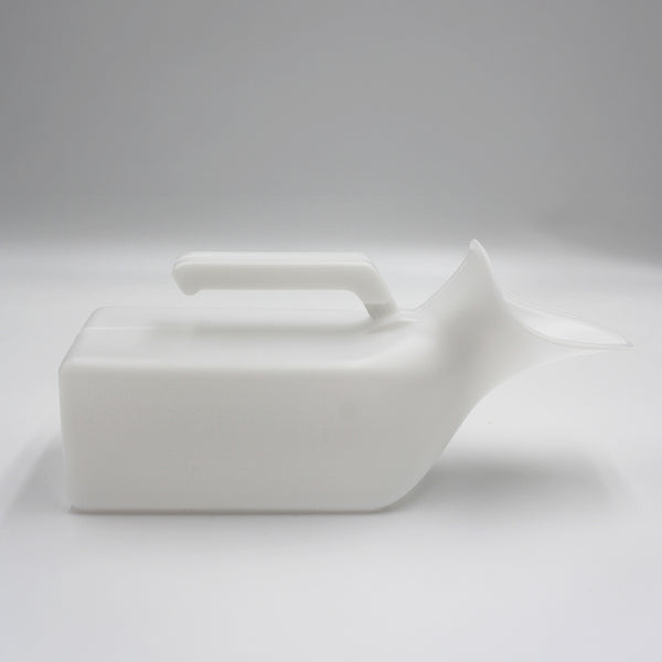 Homecraft Economy Female Urinal with handle, lying on its side on a plain light grey background, side view.
