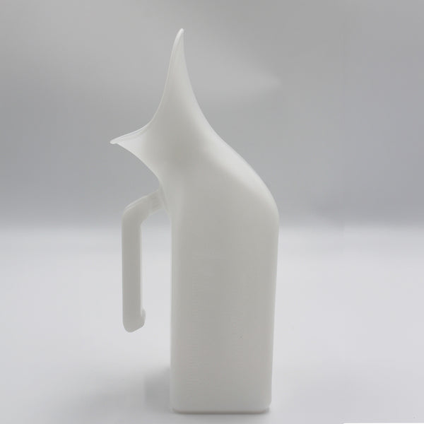 Homecraft Economy Female Urinal with handle and angled spout, plain background, side view.