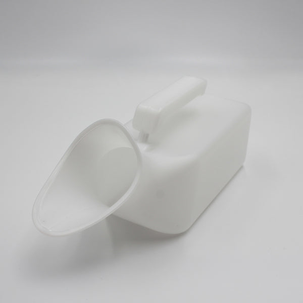 Homecraft Economy Female Urinal with handle and wide angled spout on plain background, side view.