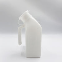 Homecraft Economy Male Urinal with handle and snap-on tilted lid, plain background, side view.