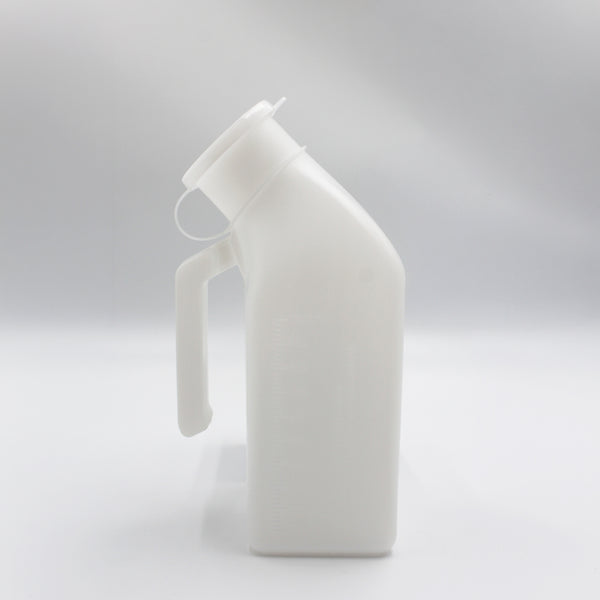 Homecraft Economy Male Urinal with handle and snap-on tilted lid, plain background, side view.