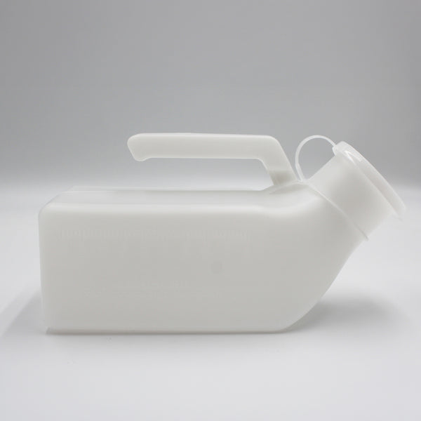 Economy male urinal with handle and angled spout, shown lying on its side against a plain background, side view.