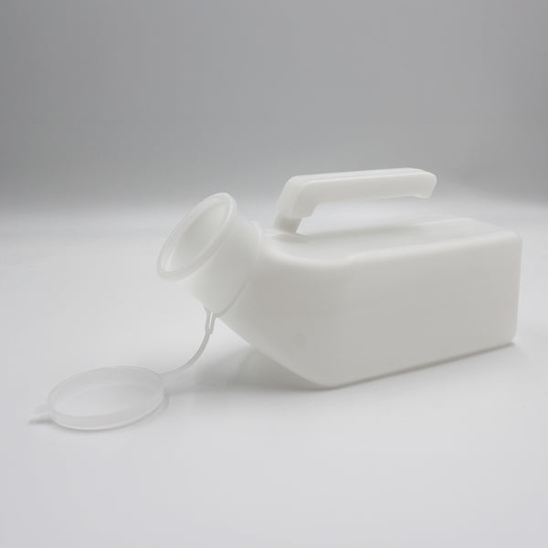 Homecraft Economy Male Urinal with handle and snap-on lid lying on its side, plain background, side view.