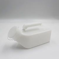 Homecraft Economy Male Urinal with handle and round snap-on lid placed on plain background, side view.