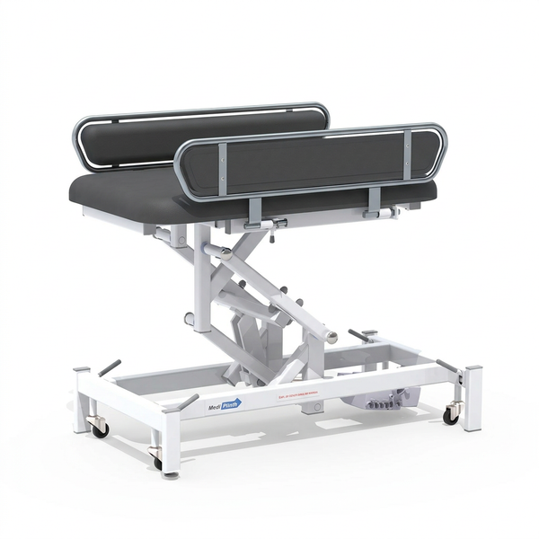 Medi-Plinth electric changing table with MRSA-resistant top, side rails and wheeled frame, side view.