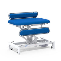 Electric changing table with side rails, adjustable height and wheeled white base, front angle view.