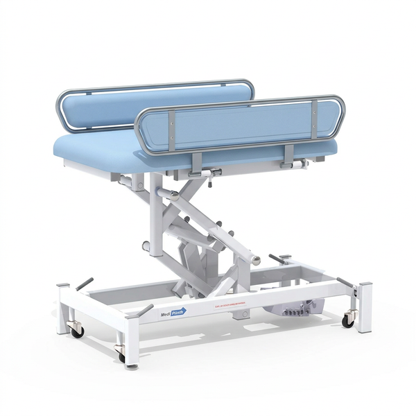 Electric changing table, MRSA-resistant, side rails, mobile white metal frame, front view.
