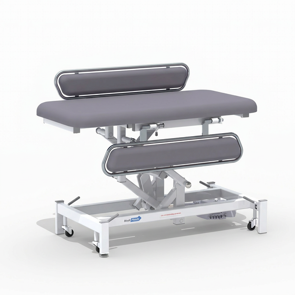 Electric changing table with side rails, MRSA-resistant surface, and white wheeled frame, front angle view.