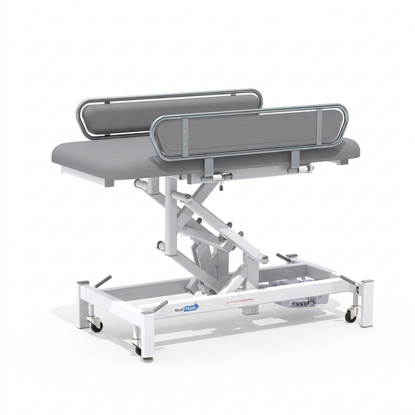 Medi-Plinth electric changing table with metal rails and white wheeled base, NHS-approved, MRSA-resistant, side view.
