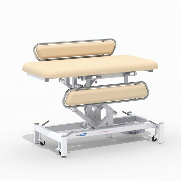 Medi-Plinth electric changing table with padded surface, metal frame and wheels, suitable for easy transfers, side view.