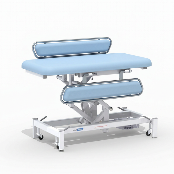 Medi-Plinth electric changing table with wheels, metal railings and MRSA-resistant upholstery, side view.