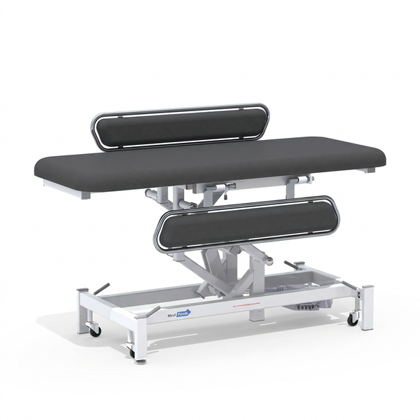 Medi-Plinth electric changing table with MRSA-resistant upholstery and padded cushions, white background, side view.