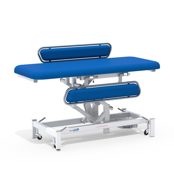 Medi-Plinth electric changing table with NHS-approved MRSA-resistant cushioning and metal side rails, side view.
