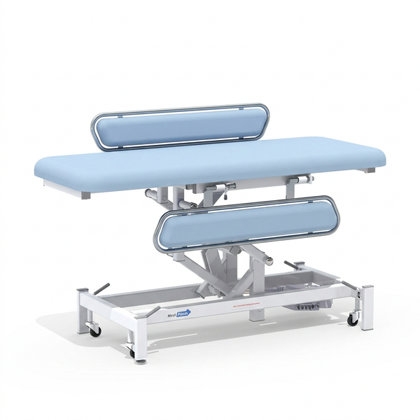 Medi-Plinth Electric Changing Table with MRSA-resistant upholstery, adjustable height, side rails and wheels, side view.